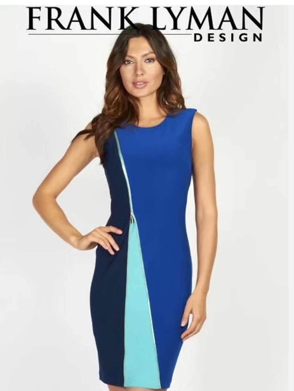 Frank Lyman Design Royal Blue & Navy Sheath Dress with Teal Zip Accent Size 6